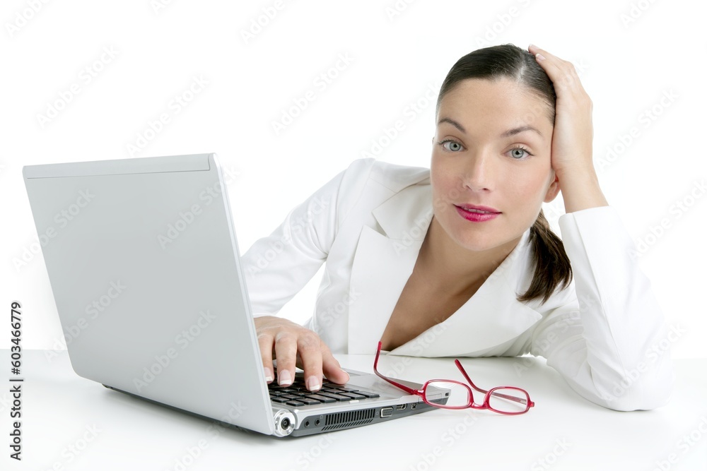Beautiful white image of businesswoman and laptop computer Beautiful white image of businesswoman and laptop computer