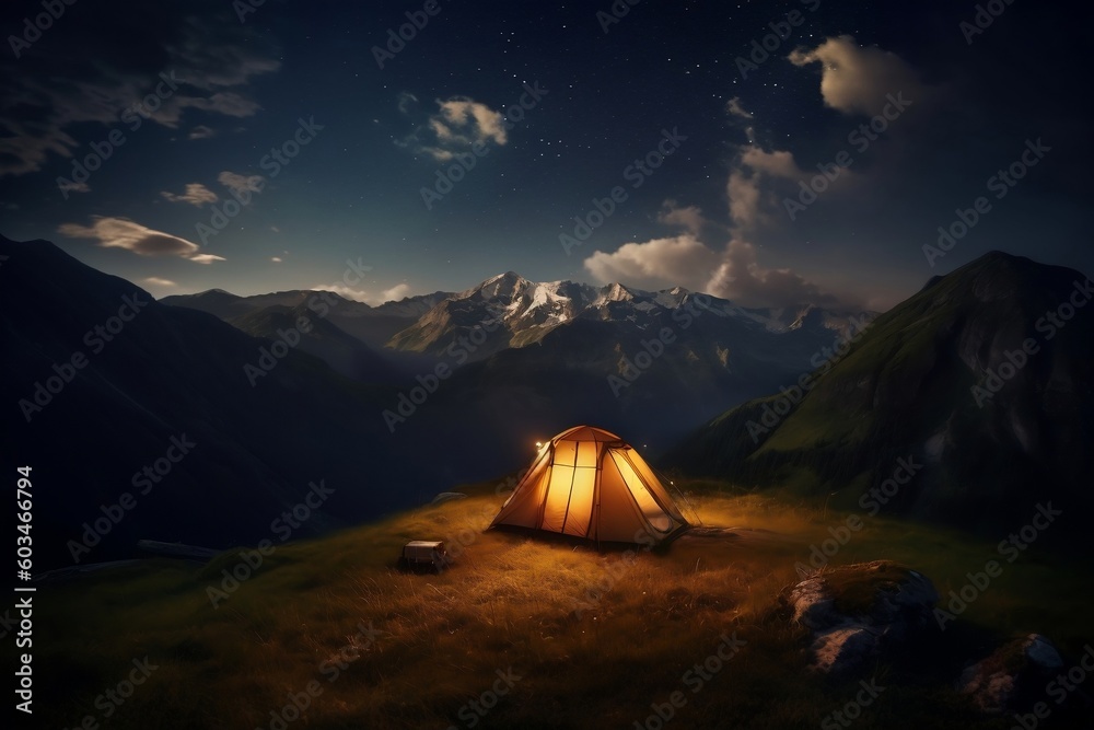 Mountain Camping Delight Tent Amidst Majestic Landscape. Generative AI