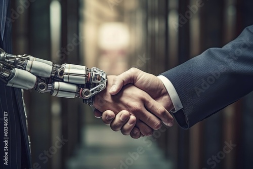 Collaborative Encounter Businessman and Robot Shake Hands. Generative AI