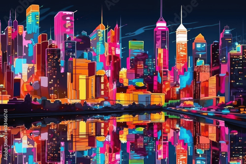 Skyline with neon colored city at night. Cityscape with reflection in river, colorful drawing. Created with Generative AI