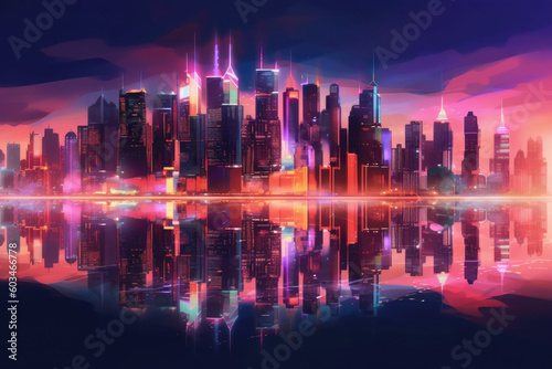 Skyline with neon colored city at night. Cityscape with reflection in river. Futuristic cyberpank banner with colorful skyscrapers. Created with Generative AI