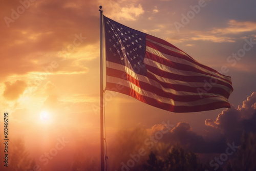 USA national flag at sunset. Waving american flag as liberty symbol. Banner for celebrating Independence Day. Created with Generative AI