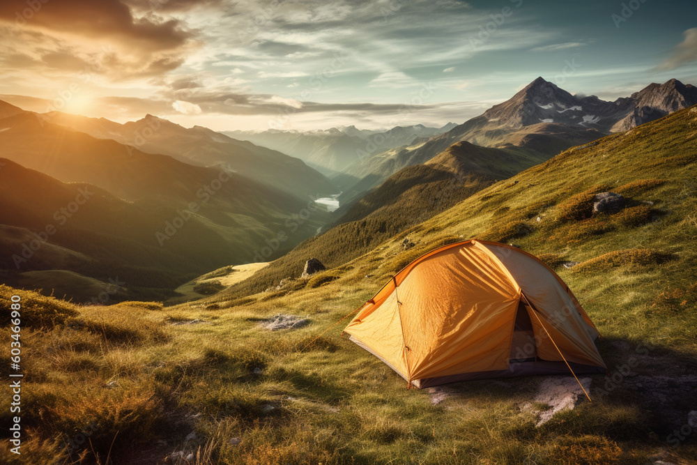 Mountain Camping Bliss Tent in Breathtaking Landscape. Generative AI