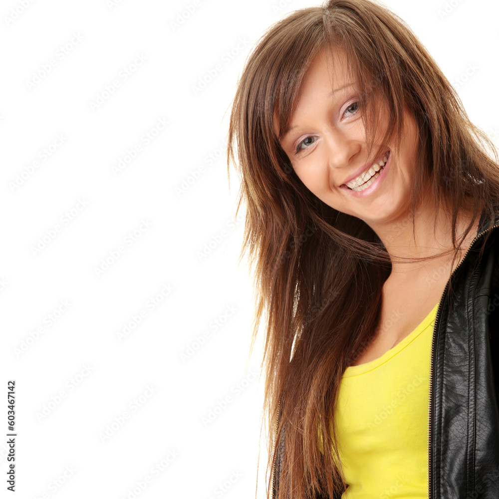 Happy and friendly young lady posing isolated on white background Happy and friendly young lady posing isolated on white background
