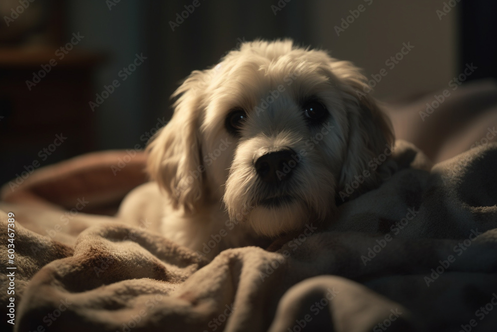 Cute dog sleeping on sofa . Adorable pet at home. Generative AI Cute dog sleeping on sofa . Adorable pet at home. Generative AI