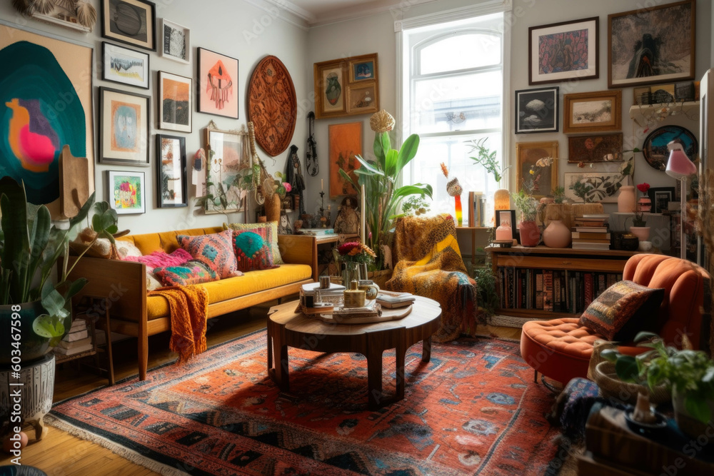 An eclectic and artsy living room with a mix of vintage furniture, vibrant textiles, and an art gallery wall showcasing unique pieces. Generative AI An eclectic and artsy living room with a mix of vintage furniture, vibrant textiles, and an art gallery wall showcasing unique pieces. Generative AI