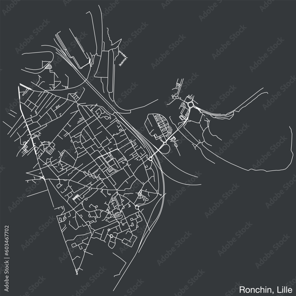 Detailed hand-drawn navigational urban street roads map of the RONCHIN QUARTER of the French city of LILLE, France with vivid road lines and name tag on solid background