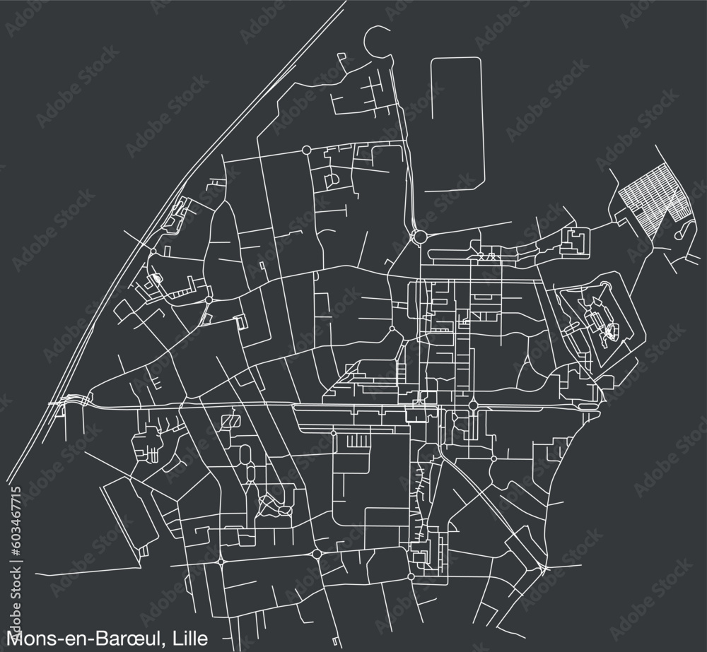 Detailed hand-drawn navigational urban street roads map of the MONS-EN-BARŒUL QUARTER of the French city of LILLE, France with vivid road lines and name tag on solid background