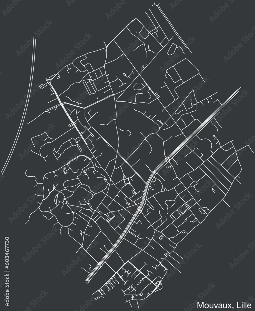 Detailed hand-drawn navigational urban street roads map of the MOUVAUX QUARTER of the French city of LILLE, France with vivid road lines and name tag on solid background
