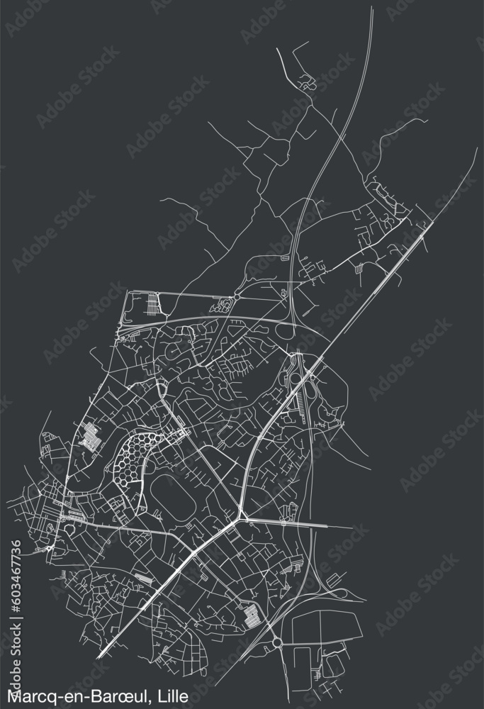 Detailed hand-drawn navigational urban street roads map of the MARCQ-EN-BARŒUL QUARTER of the French city of LILLE, France with vivid road lines and name tag on solid background