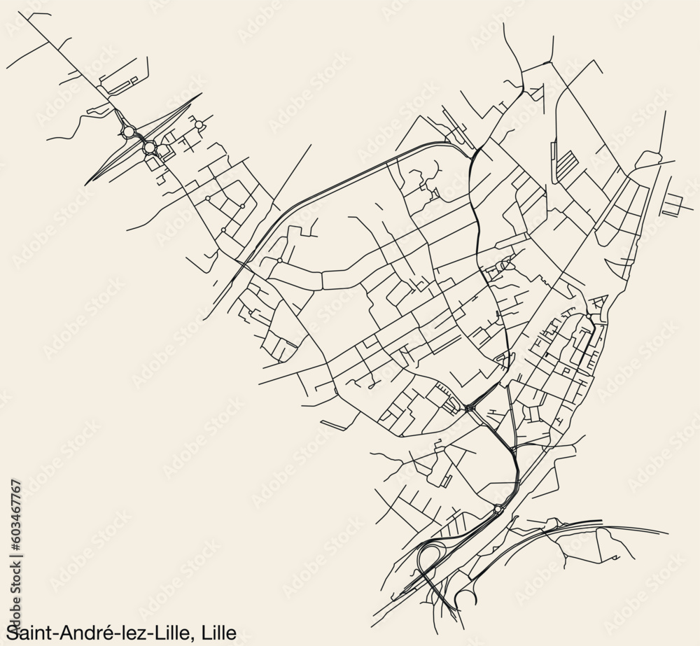 Detailed hand-drawn navigational urban street roads map of the SAINT-ANDRE-LEZ-LILLE QUARTER of the French city of LILLE, France with vivid road lines and name tag on solid background