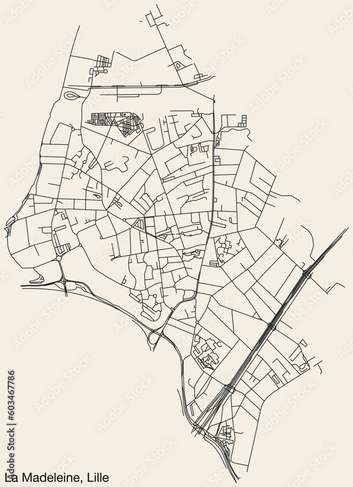 Obraz premium Detailed hand-drawn navigational urban street roads map of the LA MADELEINE QUARTER of the French city of LILLE, France with vivid road lines and name tag on solid background