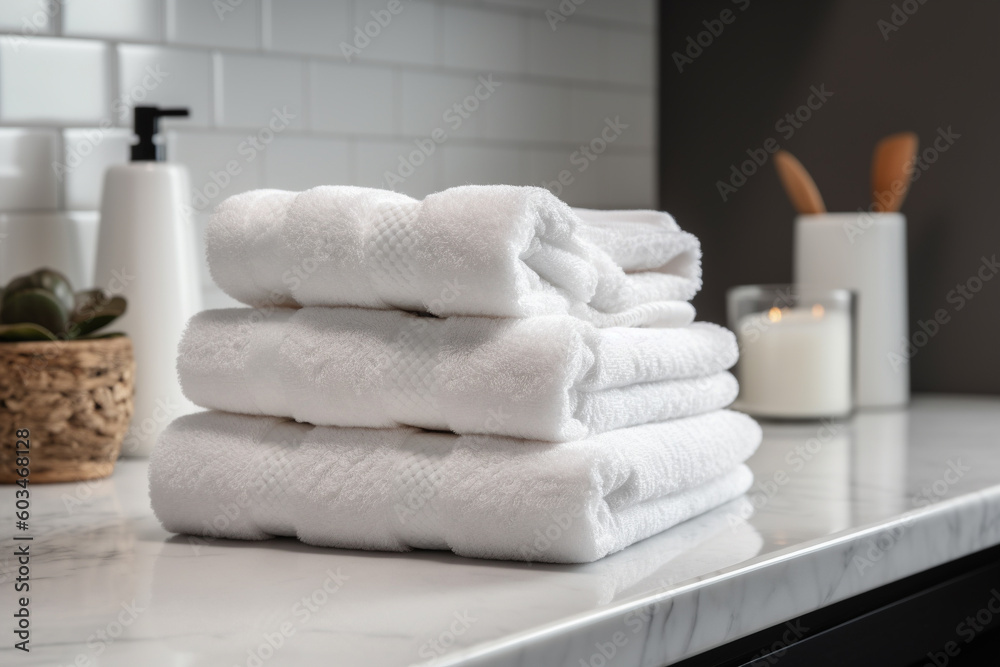Stack of towels on bathroom countertop. Generative AI Stack of towels on bathroom countertop. Generative AI