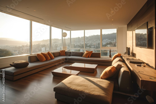A contemporary and spacious family room with a sectional sofa, a large media center, and floor-to-ceiling windows offering panoramic views. Generative AI