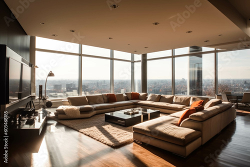 A contemporary and spacious family room with a sectional sofa  a large media center  and floor-to-ceiling windows offering panoramic views. Generative AI