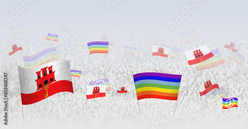 People waving Peace flags and flags of Gibraltar. Illustration of throng celebrating or protesting with flag of Gibraltar and the peace flag.