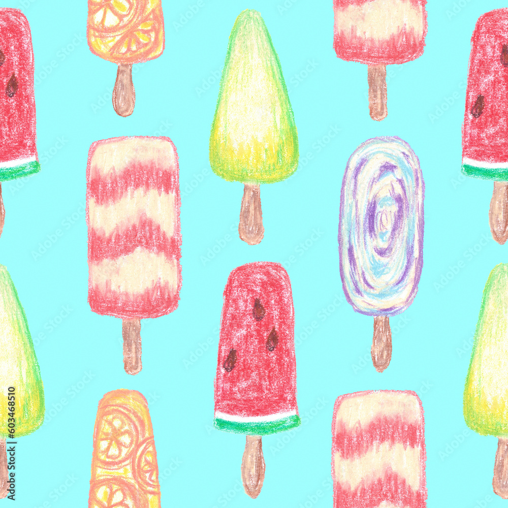 Hand painted seamless pattern with pastel chalk ice cream on sticks, popsicles with different flavors banana, strawberry, blueberry, orange, lemon and apple.Summer cold food background, refreshment