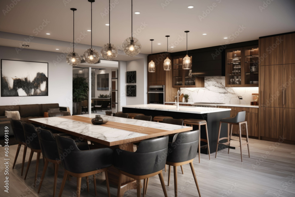 A contemporary and open-concept kitchen and dining area with a large center island, barstools, and pendant lights for a social and functional space. Generative AI