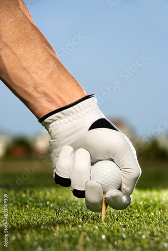 Male golfer places a golf ball and tee in the ground. Vertical shot.
