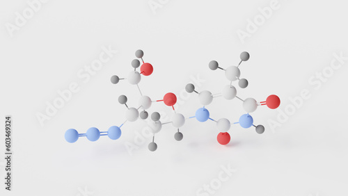 zidovudine molecule 3d, molecular structure, ball and stick model, structural chemical formula monoterpenoid azidothymidine