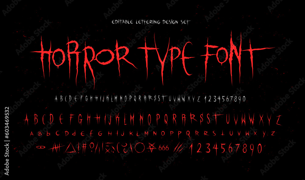Horror Dark Lettering tattoo vector type font. Grunge style Y2k Type Font with Gothic Pank Rock and Blood style signs and symbols. Scary tattoo font 00s concept. Scratched Dark Rock type font