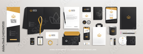 Concept of Brand Identity Mock-Up set with black and brown abstract design on Stationery. Business stationary mockup template of office items, vertical promotional banner, billboard, crown logo,  etc
