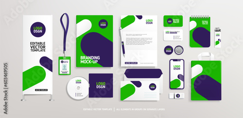 Concept of Brand Identity Mock-Up set purple and green abstract design on Stationery items. Vector Stationary mockup template of vertical promotional banner, business brochure cover, shoping bag, etc
