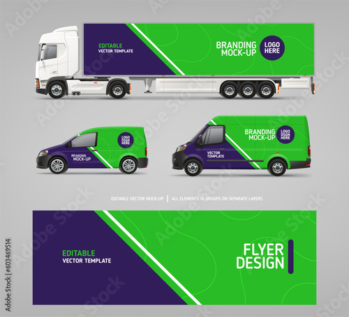 Cargo Truck and Delivery Van branding design concept. Company Car mockup. Purple and Green Branding vehicle graphics. Abstract corporate identity background dsgn for truck advertising. Editable vector photo