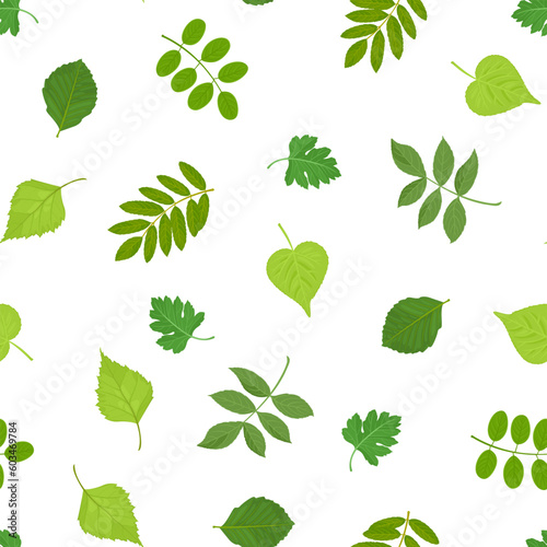 Botanical background with green leaves and branches. Vector seamless pattern. Cartoon floral illustration.