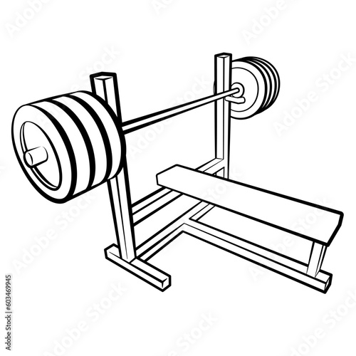 gym bench with barbell - bench press for bodybuilding and power workout - vector drawing