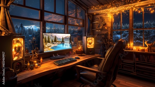 Gamer room. Warm cozy interior of game room with display, pc game, warm lights and cozy furniture. Wallpaper illustration. Generative Ai. © ckybe