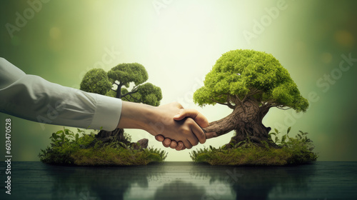 Handschlag von Geschäftsfrau und einem Baum, symbolisch für Environmental, Social and Governance (ESG) - Regelwerk zur Bewertung für nachhaltig, ethische Praxis in Unternehmen.(Generative AI)