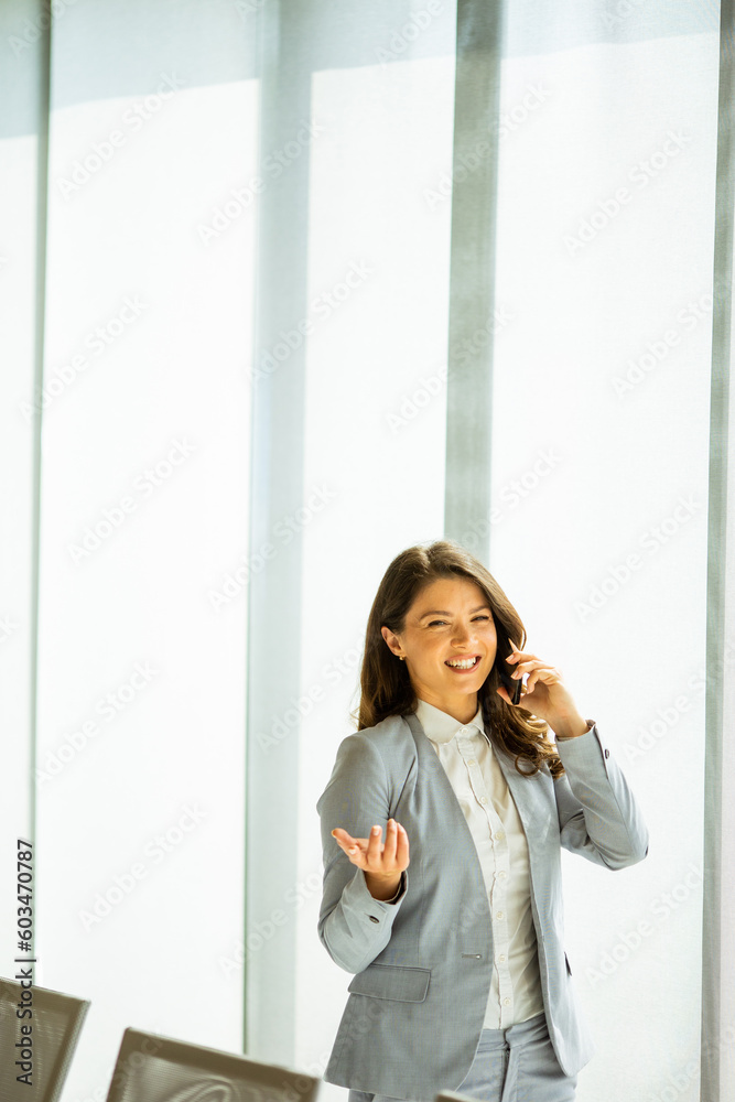 Young woman with mobile phone by the window Young woman with mobile phone by the window