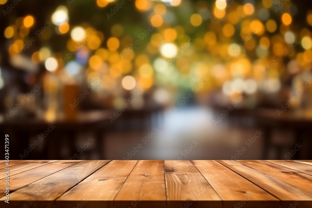 Empty Wooden Table Abstract Blurred Bokeh Background. Generative AI