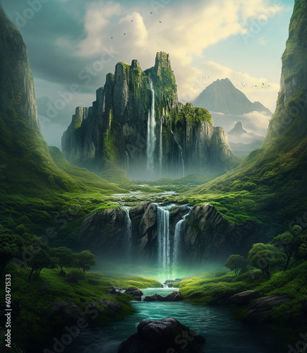 waterfall in the green nature with a mountain in the back generative AI