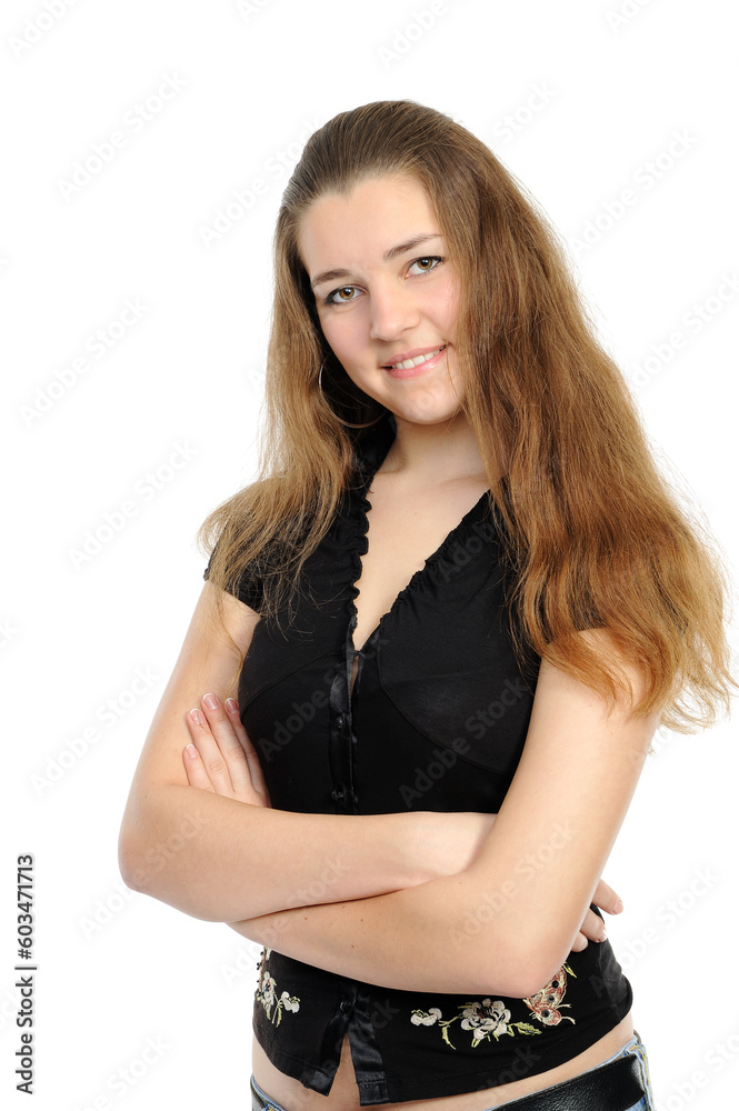 beautiful young woman smiling on white background