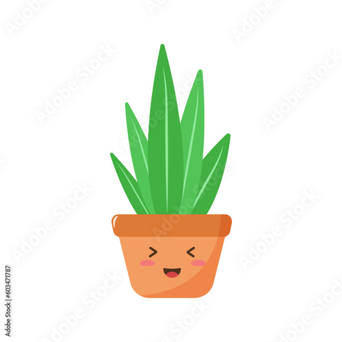 Funny potted plant kawaii character. Isolated on a white background. Vector illustration in flat cartoon style.	
