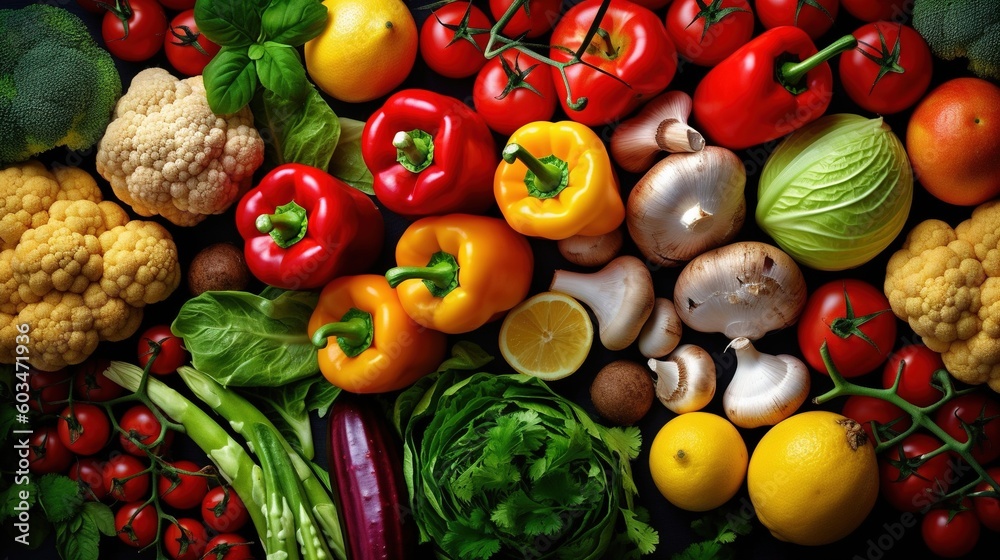  a bunch of different types of vegetables on a black surface with a green leafy plant in the middle of the picture and a yellow one in the middle of the picture.  generative ai