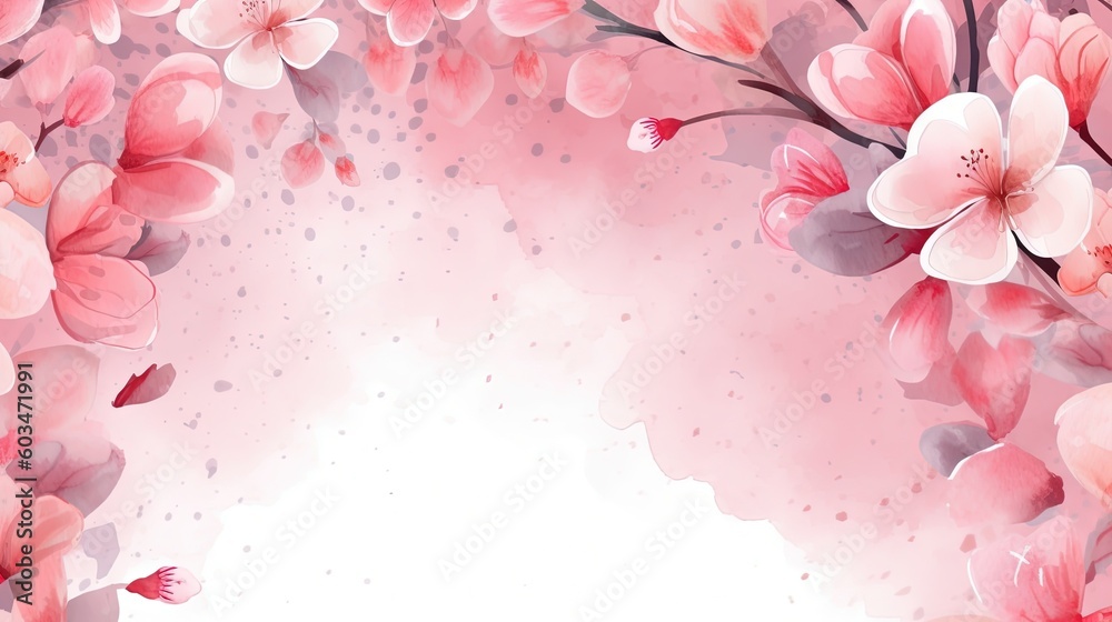  a watercolor painting of pink flowers on a pink background with a place for a text or a picture to put on a card or postcard.  generative ai