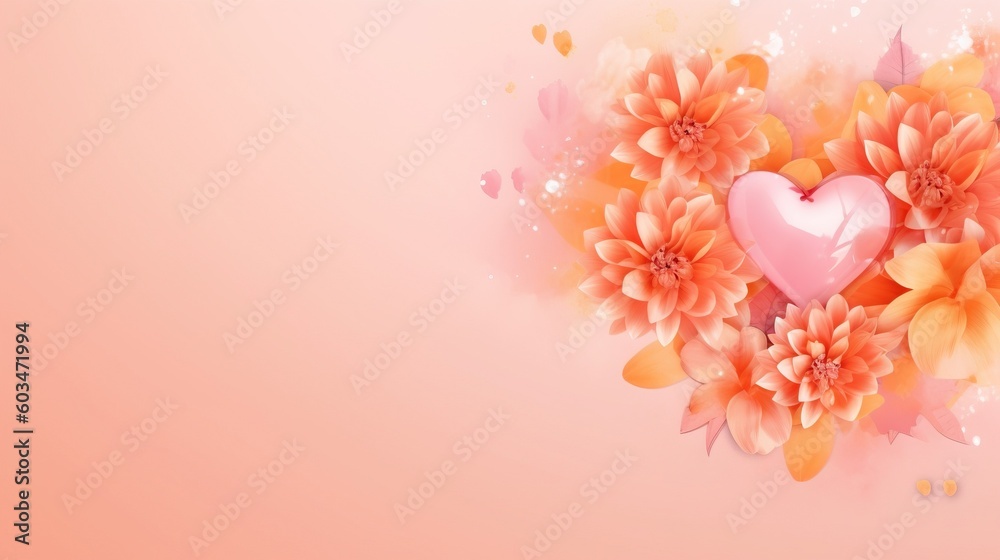  a heart shaped arrangement of flowers on a light pink background with a pink heart on the center of the arrangement of flowers on the left side of the.  generative ai