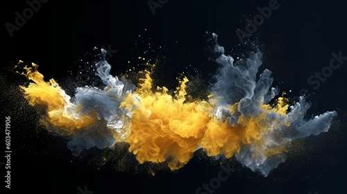 Glitter mist. Ink water. Fluid splash. Metallic golden silver blue color shimmering glowing dust particles vapor cloud floating on dark black abstract background