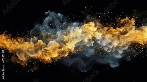 Glitter mist. Ink water. Fluid splash. Metallic golden silver blue color shimmering glowing dust particles vapor cloud floating on dark black abstract background