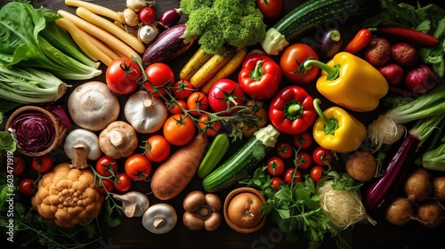  a variety of vegetables are laid out on a wooden table top  including broccoli  tomatoes  peppers  and other vegetables .  generative ai