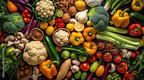  a large assortment of vegetables and fruits and vegetables are arranged in a pattern on a table top  including cauliflower  broccoli  peppers  cauliflower  and more.  generative ai