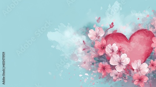  a painting of a heart with flowers on a blue background with a spray of paint on it and a pink flower on the side of the heart. generative ai