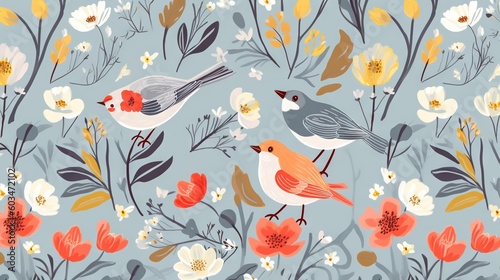  a couple of birds sitting on top of a flower covered field of flowers and leaves on a blue background with white and red flowers and yellow leaves. generative ai
