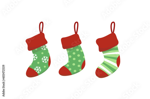 Set of Christmas socks. Stockings for presents. Green red. Flat, cartoon, vector