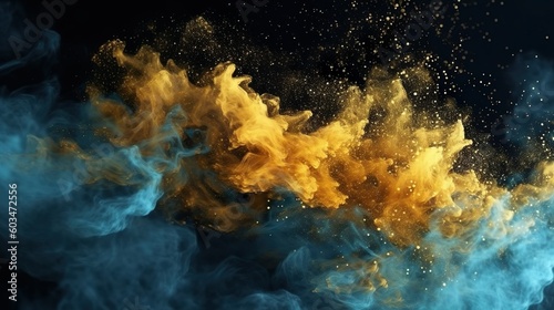 Glitter mist. Ink water. Fluid splash. Metallic golden silver blue color shimmering glowing dust particles vapor cloud floating on dark black abstract background