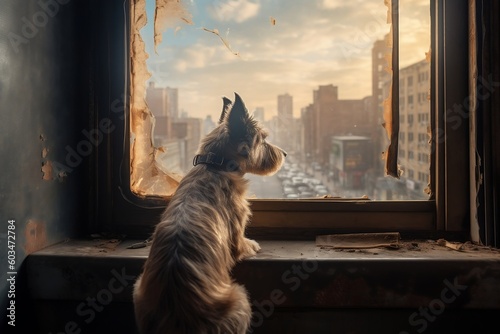 The Dog Observes Through the Window, Sitting Quietly. Generative AI