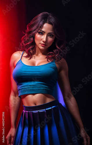 beautiful woman posting for a picture with red and blue spotlight , generative AI